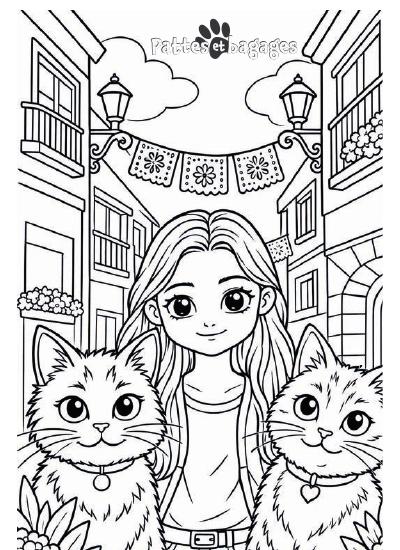 Aperçu du coloriage : Clara, Kiwi et Coconut dans une rue du Mexique